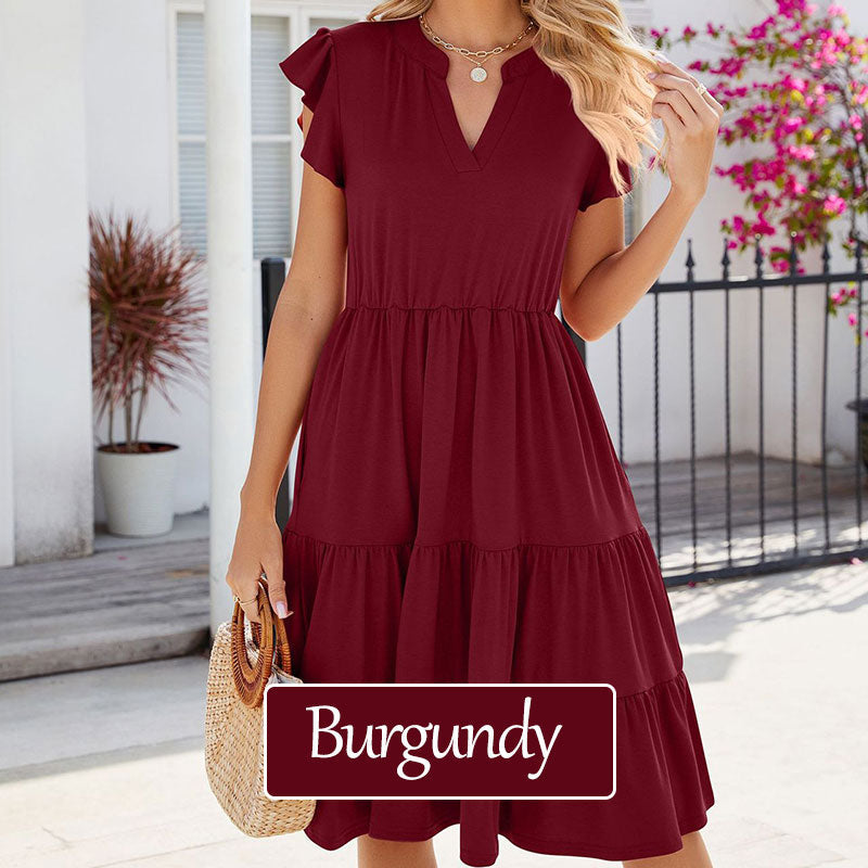 Solid Color V-Neck Short Sleeve Ruffle Dress