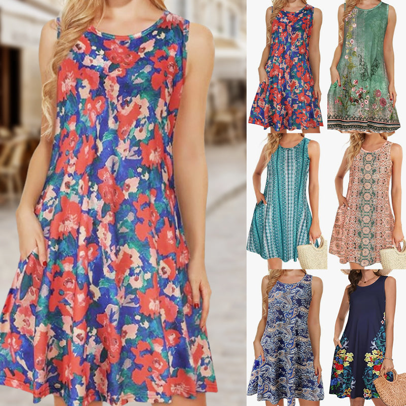 Women's sleeveless printed dress with pockets