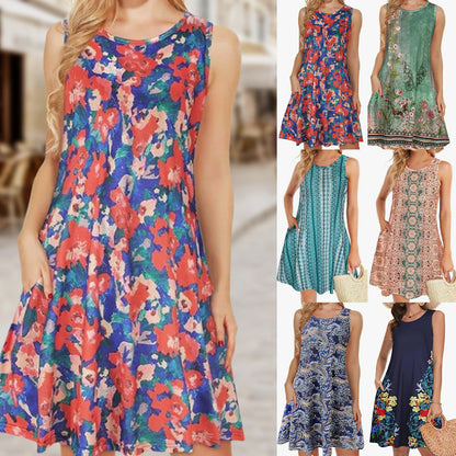 Women's sleeveless printed dress with pockets