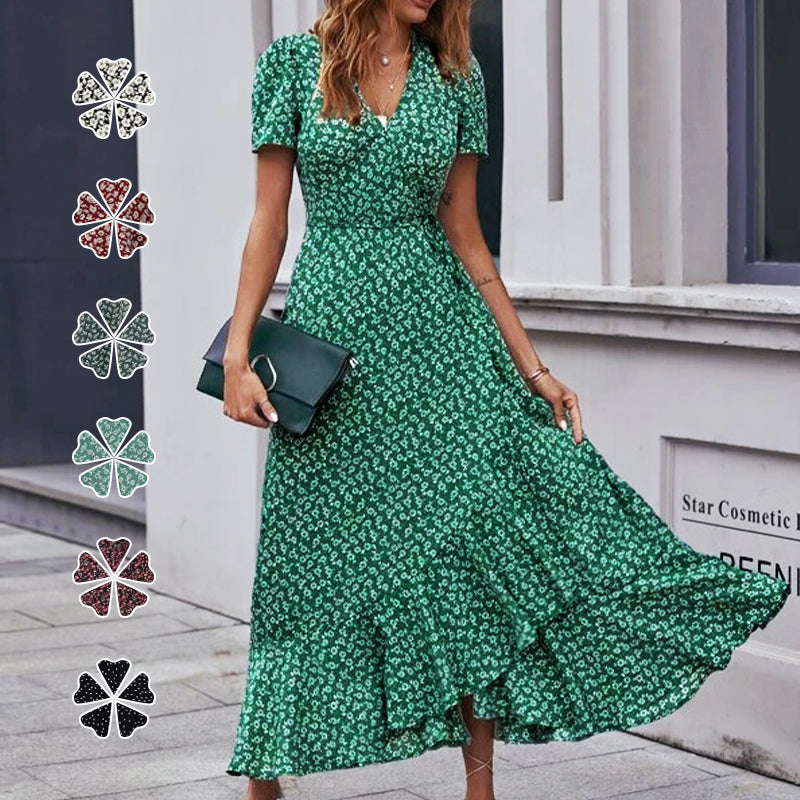Printed V Neck Ruffle Midi Dress
