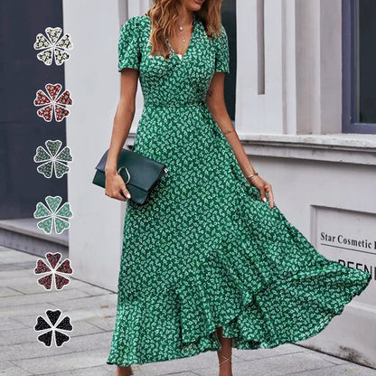 Printed V Neck Ruffle Midi Dress