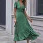 Printed V Neck Ruffle Midi Dress