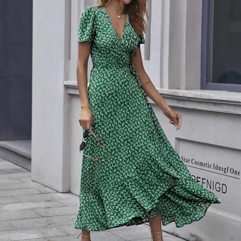Printed V Neck Ruffle Midi Dress