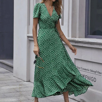 Printed V Neck Ruffle Midi Dress