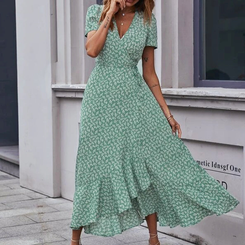 Printed V Neck Ruffle Midi Dress