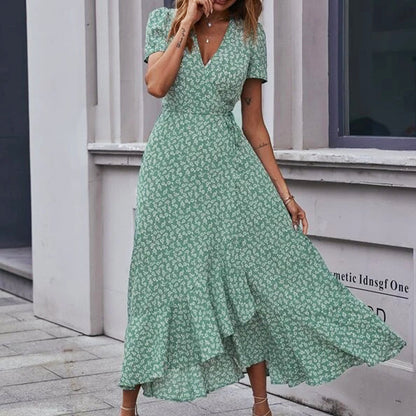 Printed V Neck Ruffle Midi Dress