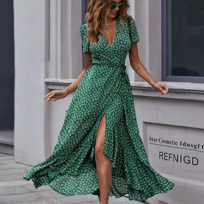 Printed V Neck Ruffle Midi Dress