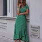 Printed V Neck Ruffle Midi Dress