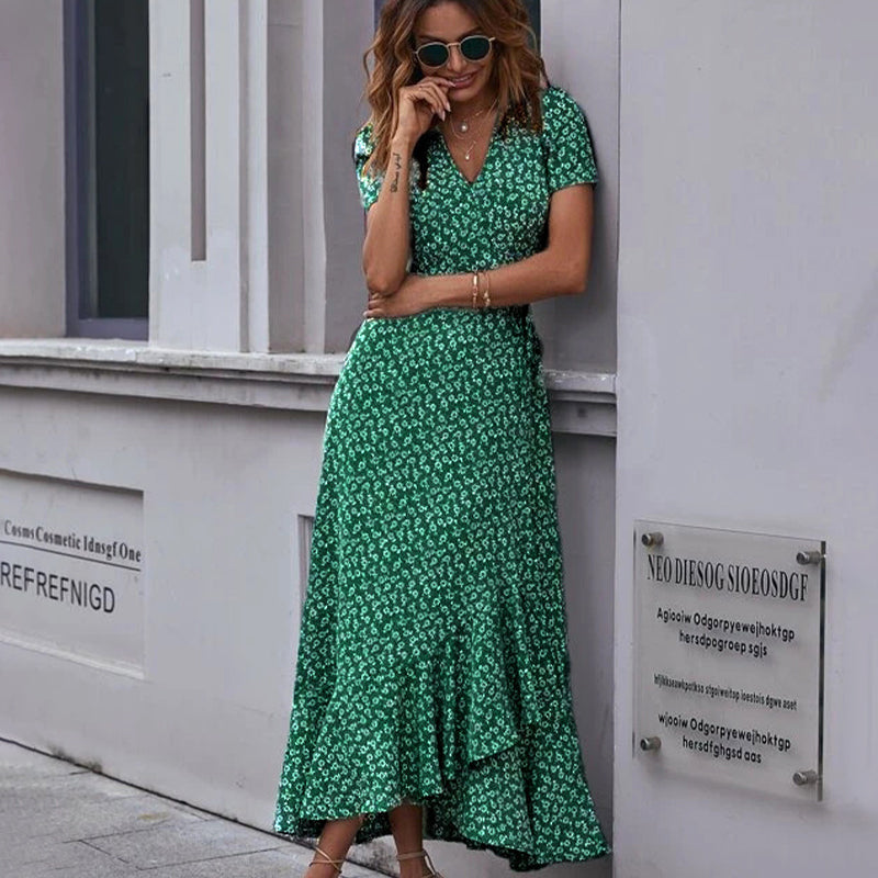 Printed V Neck Ruffle Midi Dress
