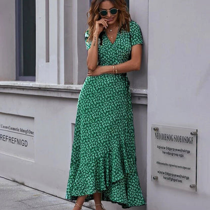 Printed V Neck Ruffle Midi Dress