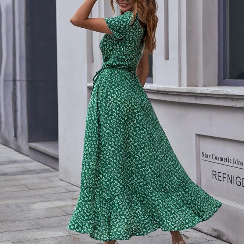 Printed V Neck Ruffle Midi Dress
