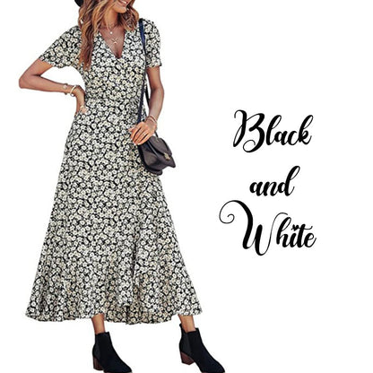 Printed V Neck Ruffle Midi Dress
