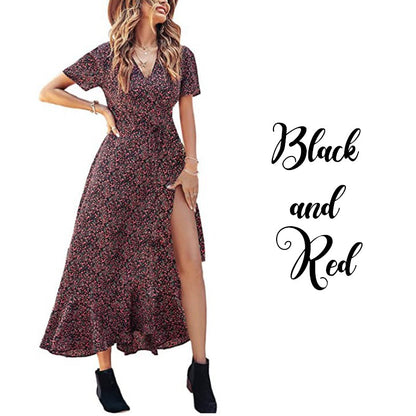 Printed V Neck Ruffle Midi Dress