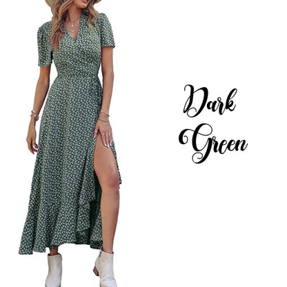Printed V Neck Ruffle Midi Dress