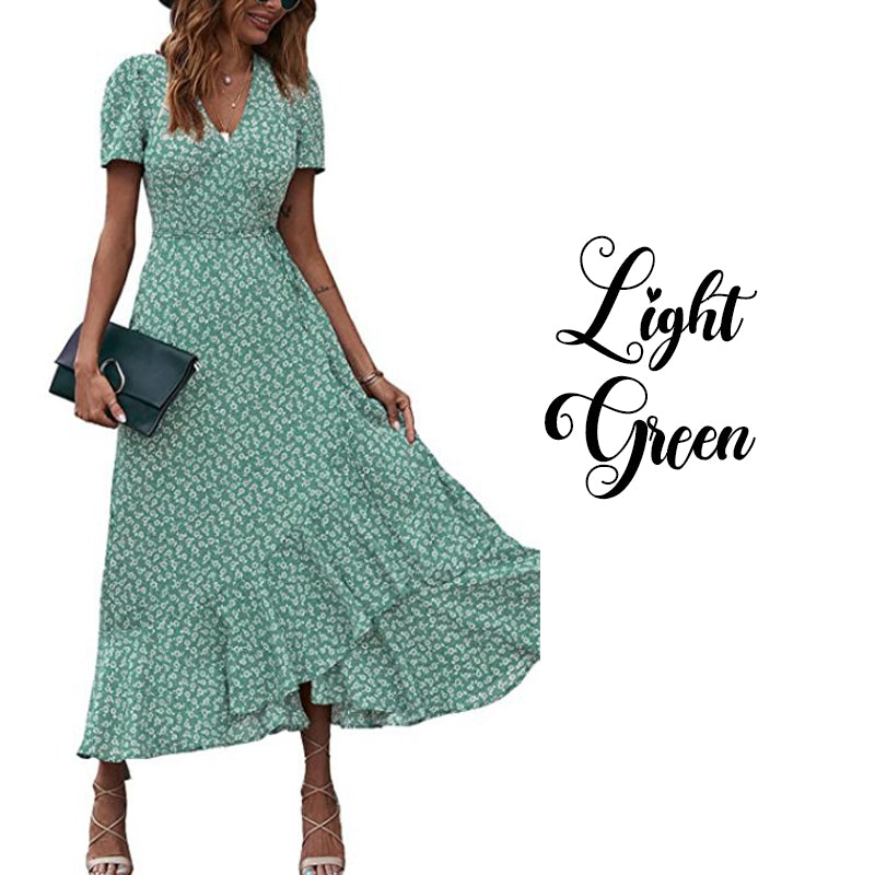 Printed V Neck Ruffle Midi Dress