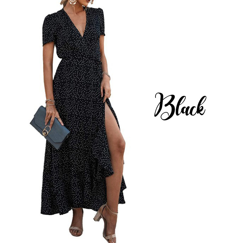 Printed V Neck Ruffle Midi Dress