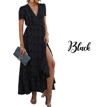 Printed V Neck Ruffle Midi Dress