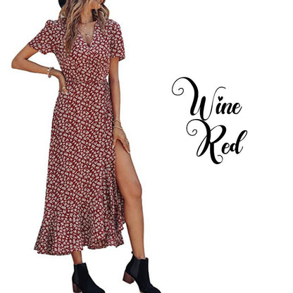 Printed V Neck Ruffle Midi Dress