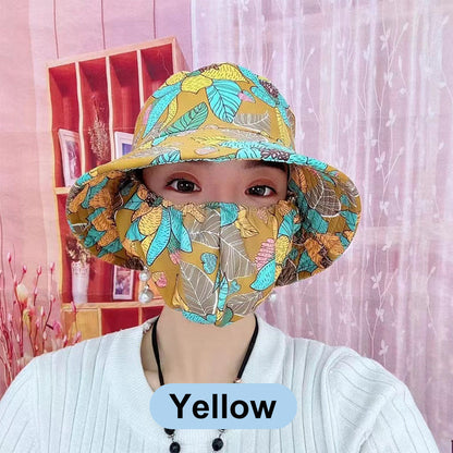 Floral Large Brimmed Sun Hat with Mask