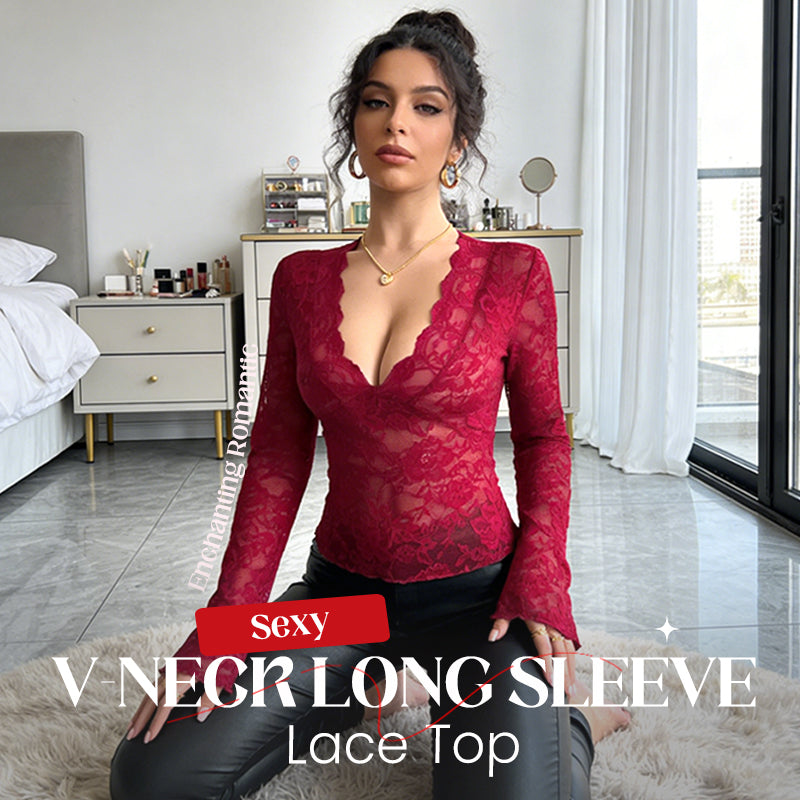 Sexy V-Neck Long Sleeve Lace Top