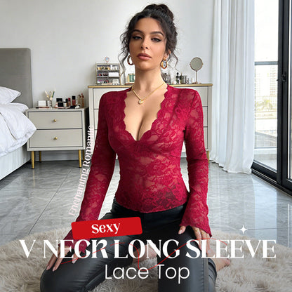 Sexy V-Neck Long Sleeve Lace Top