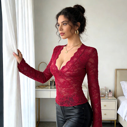 Sexy V-Neck Long Sleeve Lace Top