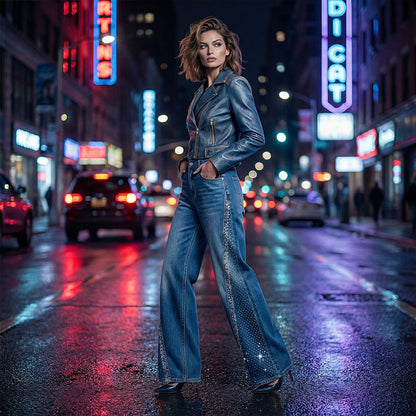 Women's Rhinestone-Embellished Wide-Leg Jeans