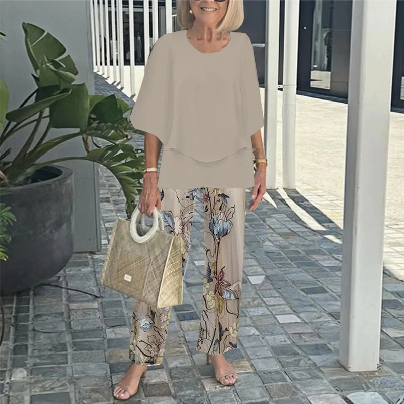 Women’s Printed Pants and Crew Neck Top Set