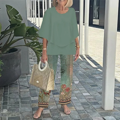 Women’s Printed Pants and Crew Neck Top Set