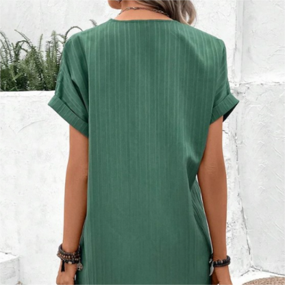 Simple Solid Color V-Neck Short Sleeve Dress for Women