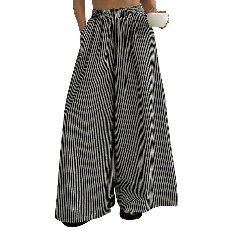 Women's Striped Wide-Leg Pants with Elastic Waist
