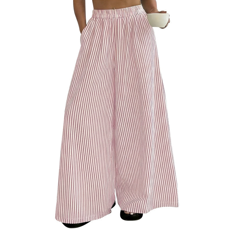 Women's Striped Wide-Leg Pants with Elastic Waist