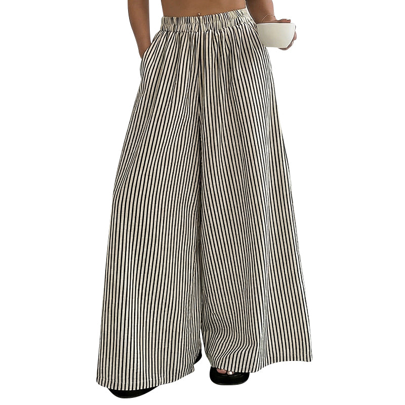 Women's Striped Wide-Leg Pants with Elastic Waist
