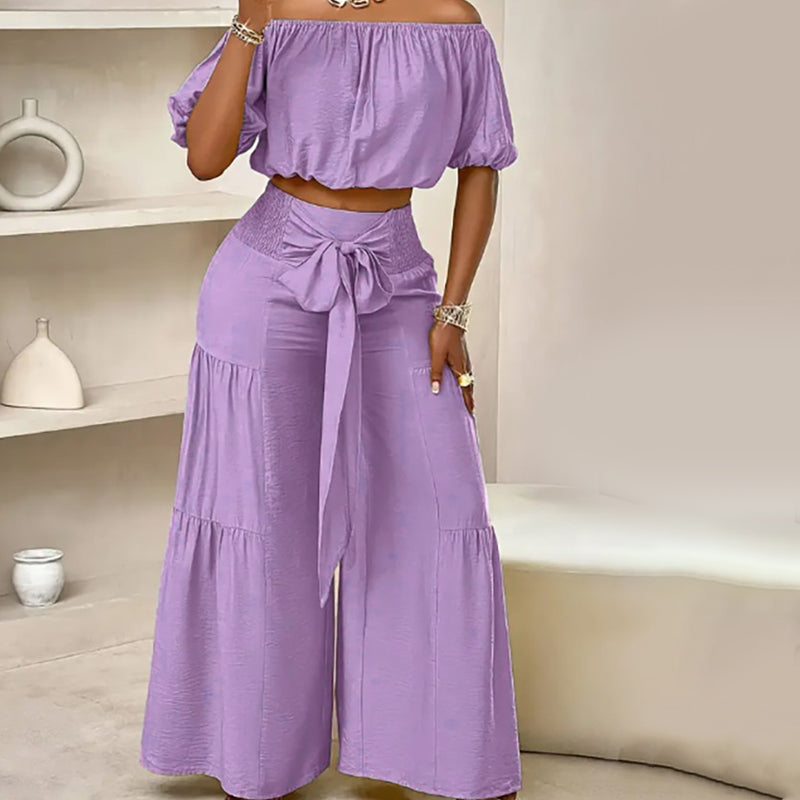 Off-Shoulder Puff Sleeve Top with Wide-Leg Pants 2-Pieces Set