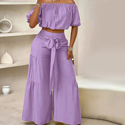 Off-Shoulder Puff Sleeve Top with Wide-Leg Pants 2-Pieces Set