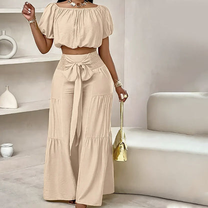 Off-Shoulder Puff Sleeve Top with Wide-Leg Pants 2-Pieces Set