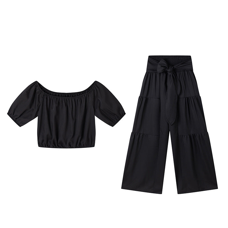 Off-Shoulder Puff Sleeve Top with Wide-Leg Pants 2-Pieces Set