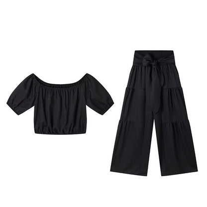 Off-Shoulder Puff Sleeve Top with Wide-Leg Pants 2-Pieces Set