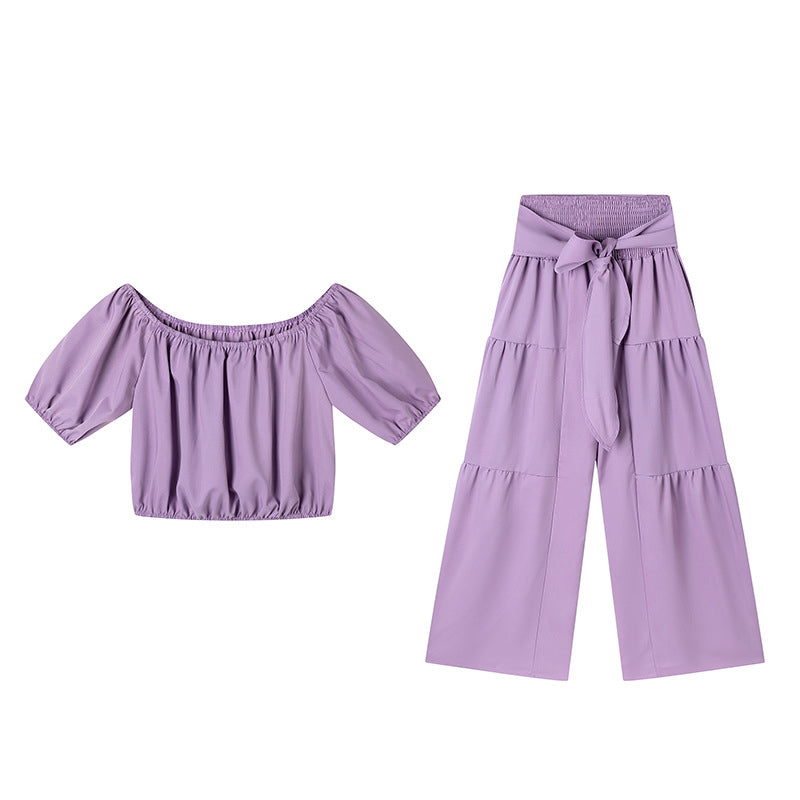 Off-Shoulder Puff Sleeve Top with Wide-Leg Pants 2-Pieces Set