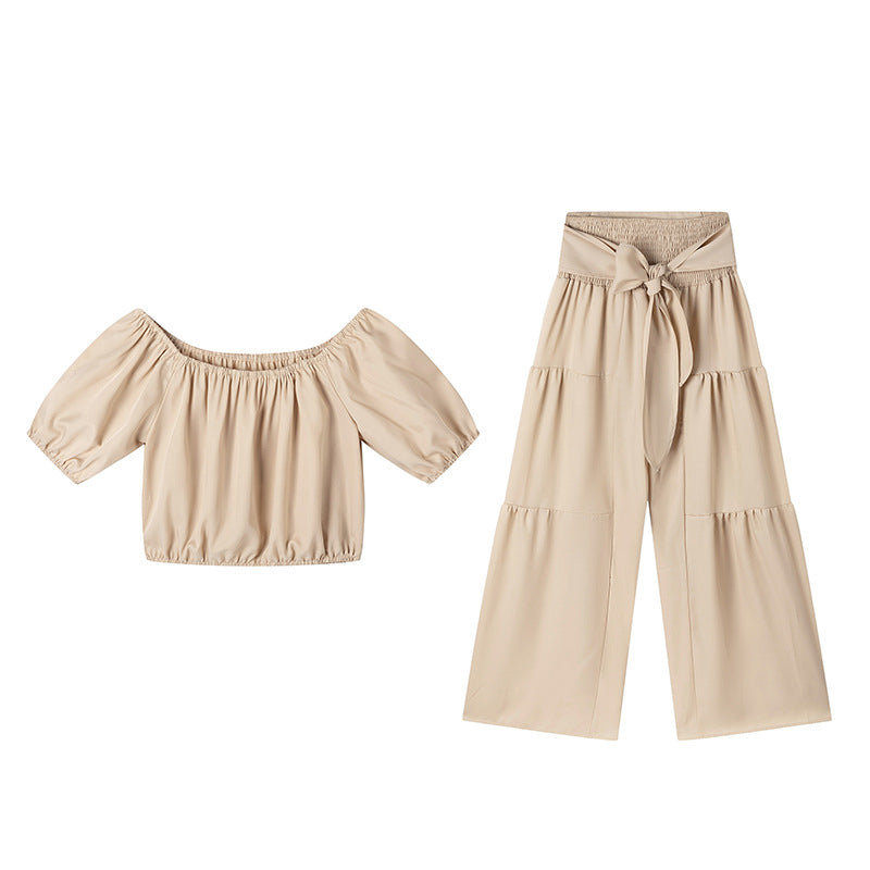 Off-Shoulder Puff Sleeve Top with Wide-Leg Pants 2-Pieces Set