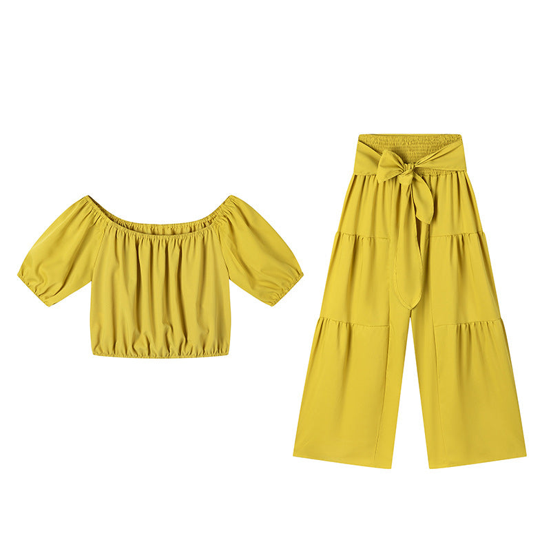 Off-Shoulder Puff Sleeve Top with Wide-Leg Pants 2-Pieces Set