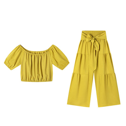 Off-Shoulder Puff Sleeve Top with Wide-Leg Pants 2-Pieces Set