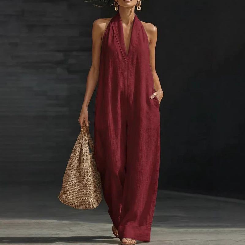 Sleeveless V-Neck Casual Jumpsuit with Pockets