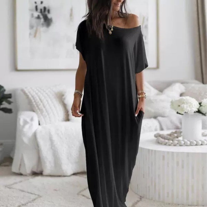 Women's Summer Casual Loose Solid Color Short-Sleeve Long Dress
