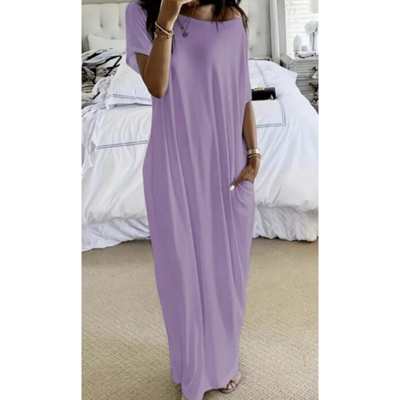 Women's Summer Casual Loose Solid Color Short-Sleeve Long Dress