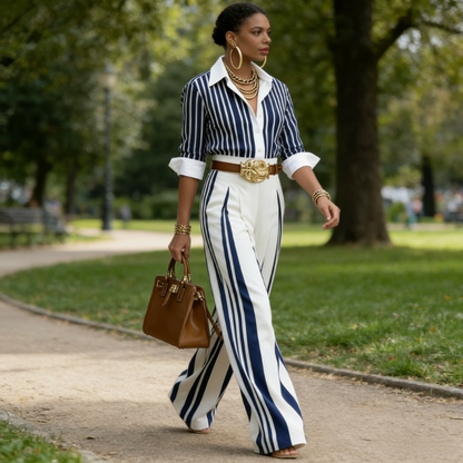 Women's Striped Shirt & Wide-Leg Pants 2-Piece Set