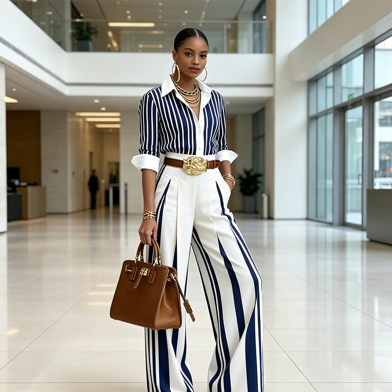 Women's Striped Shirt & Wide-Leg Pants 2-Piece Set