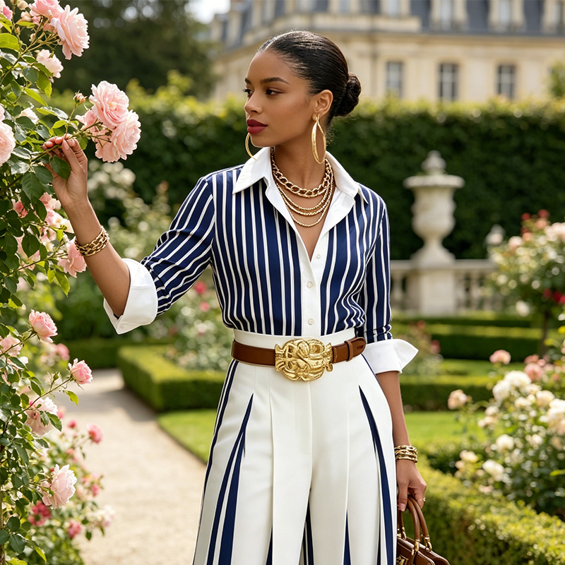 Women's Striped Shirt & Wide-Leg Pants 2-Piece Set