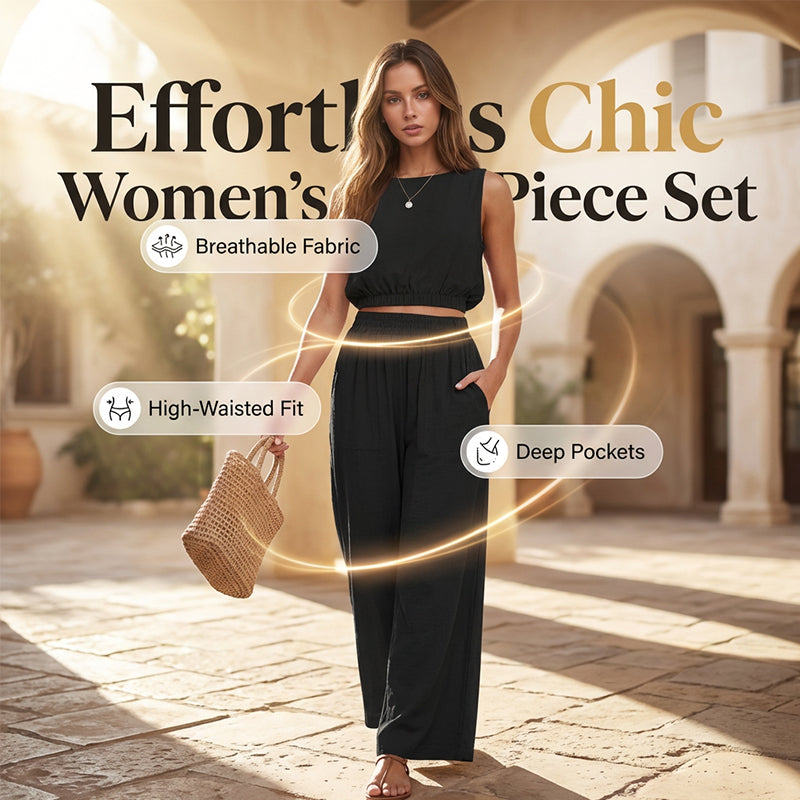Women's Sleeveless Crop Top & Wide-Leg Pants Set