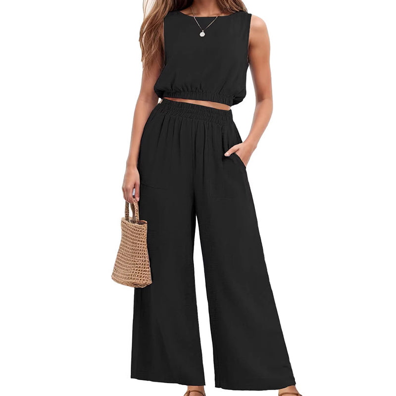 Women's Sleeveless Crop Top & Wide-Leg Pants Set